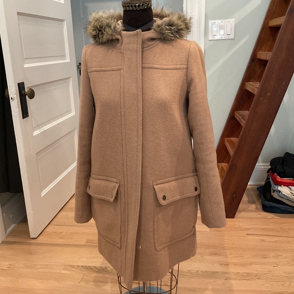 J Crew Factory Coat Faux Fur Hood Size 4 - Picture 1 of 14